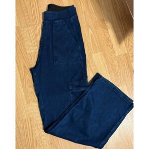 High-Rise Utility Cargo Womens Medium  Elastic Waist Pull On Jeans Blue Wide Leg